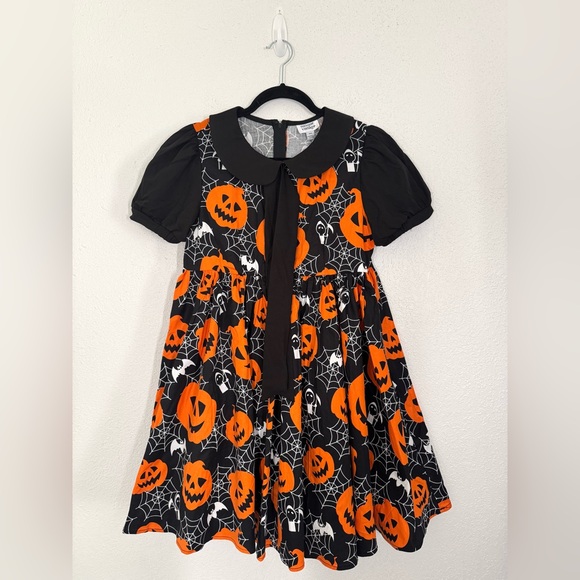 Unique Vintage Pumpkins & Spiderwebs Arden Babydoll Mini Dress Small NEW - Picture 2 of 8